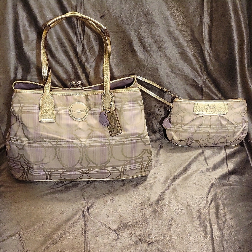 Coach Gold and Purple Kisslock Purse and Large Wristlet Set.Will Sell Seperately